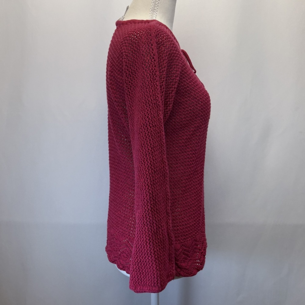 Talbots Petite Pink Open Knit Crochet Pullover Sweater with Tie Neck Size M - Picture 3 of 4